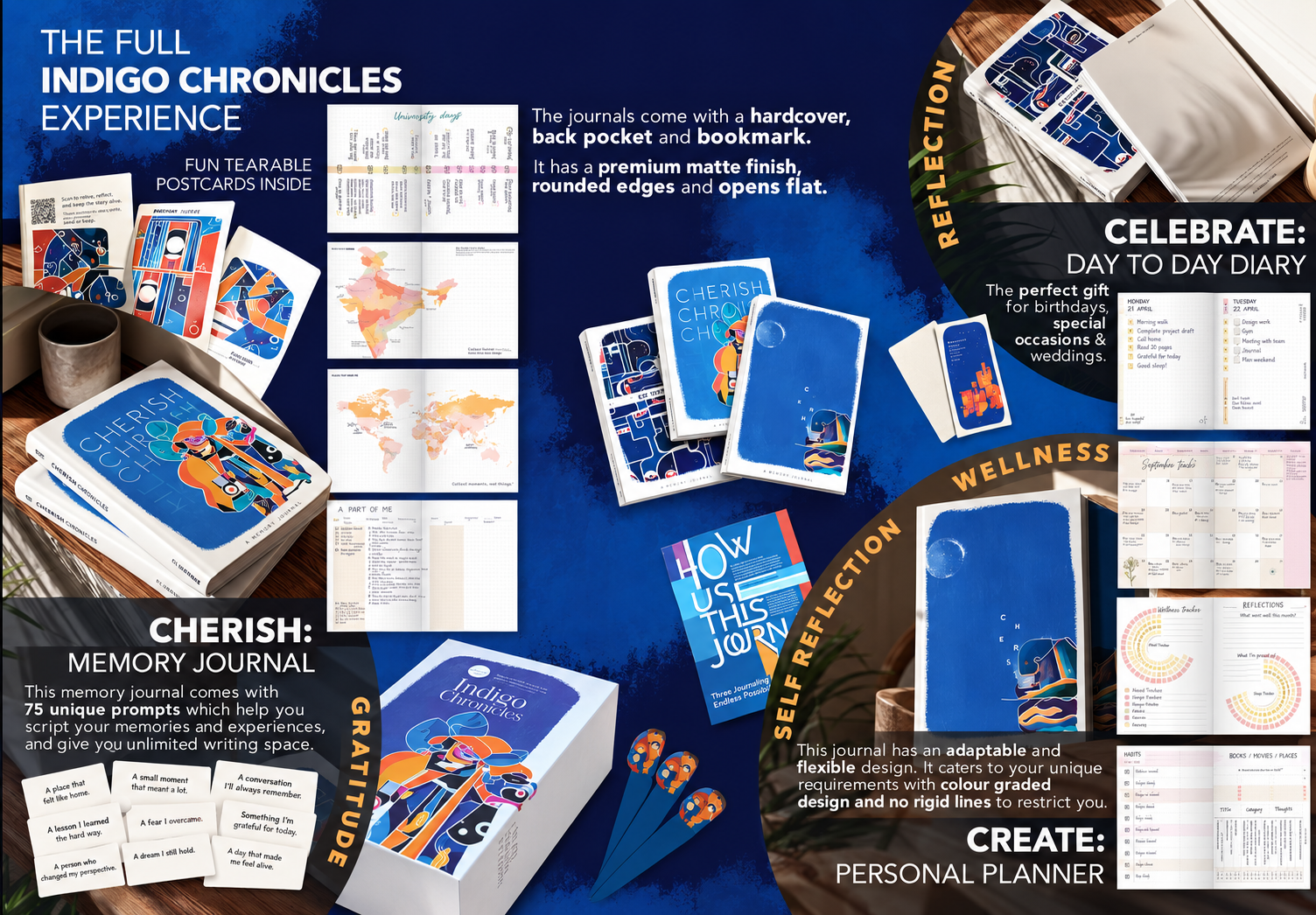 The Indigo Chronicles experience, including postcards and journal spreads